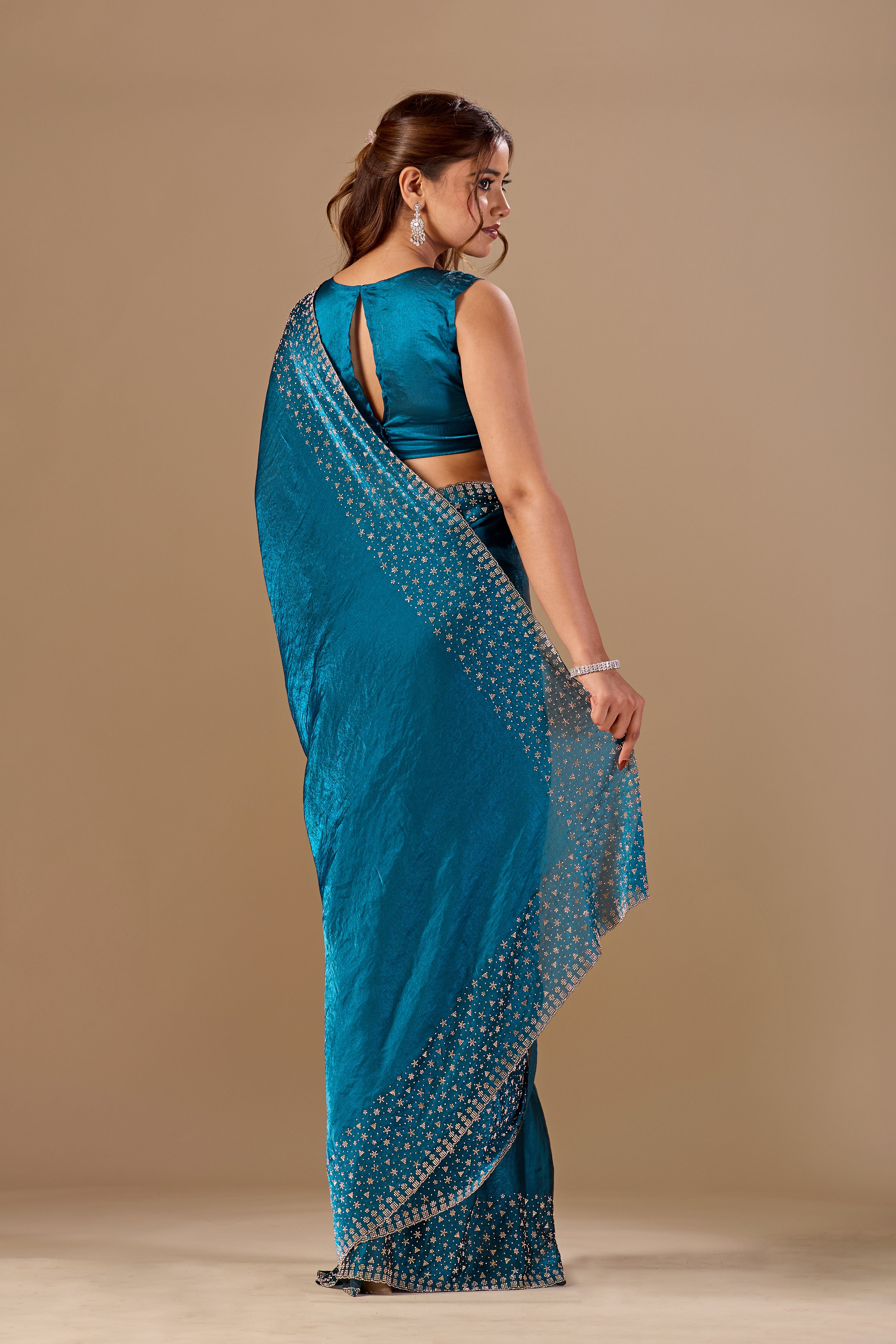 Teal Blue Tissue Silk Saree With Stone Work