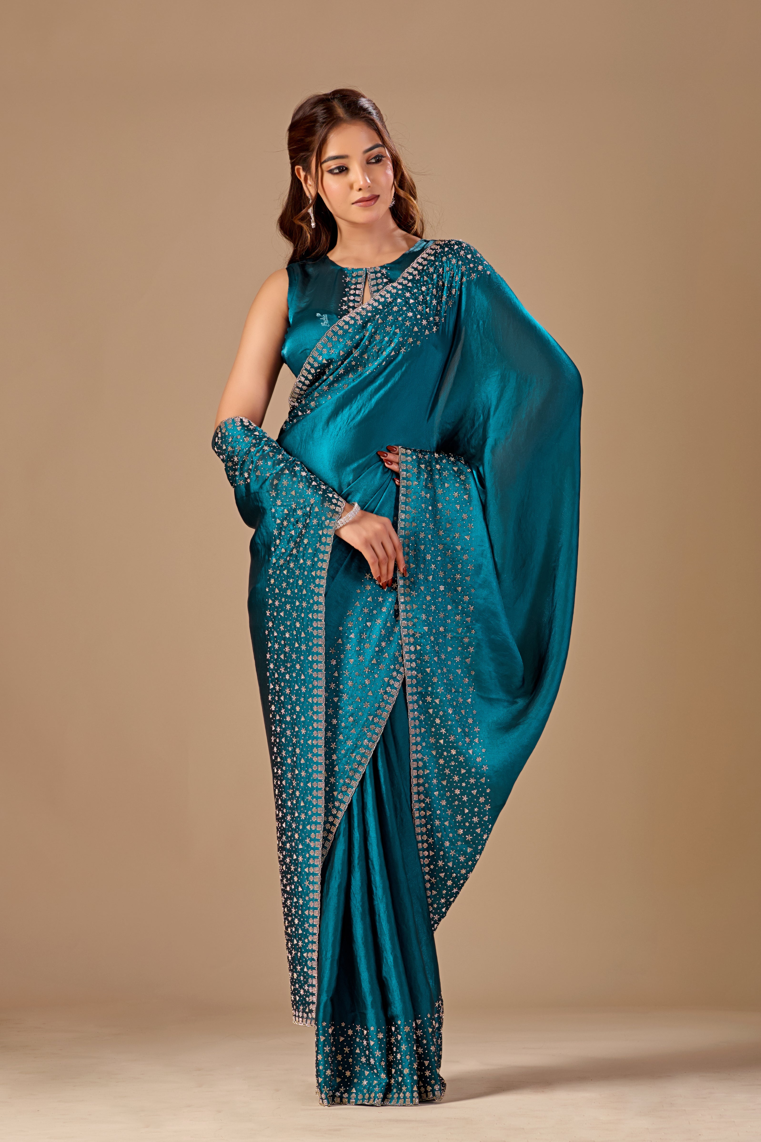 Teal Blue Tissue Silk Saree With Stone Work