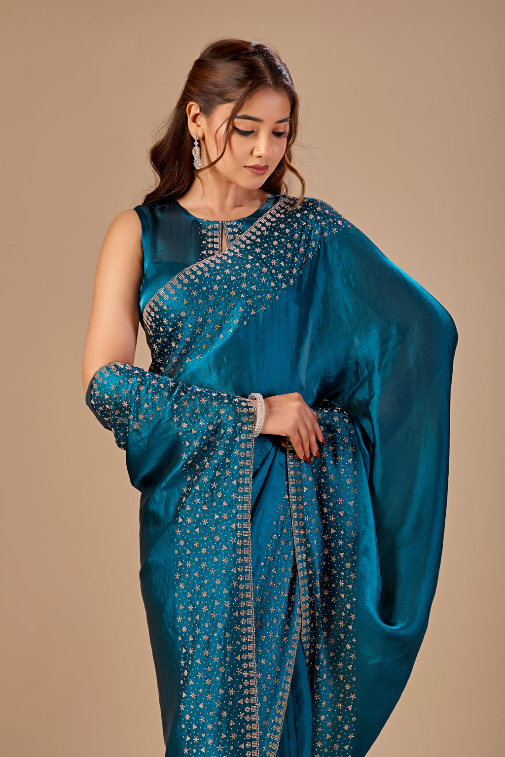 Teal Blue Tissue Silk Saree With Stone Work