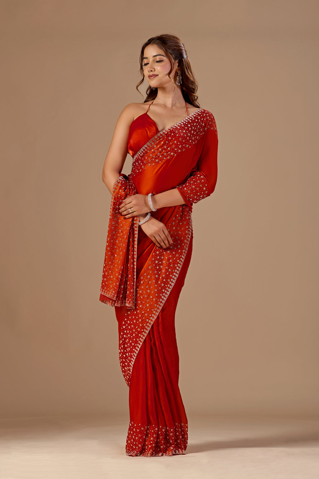 Burnt Orange Tissue Silk Saree With Stone Work