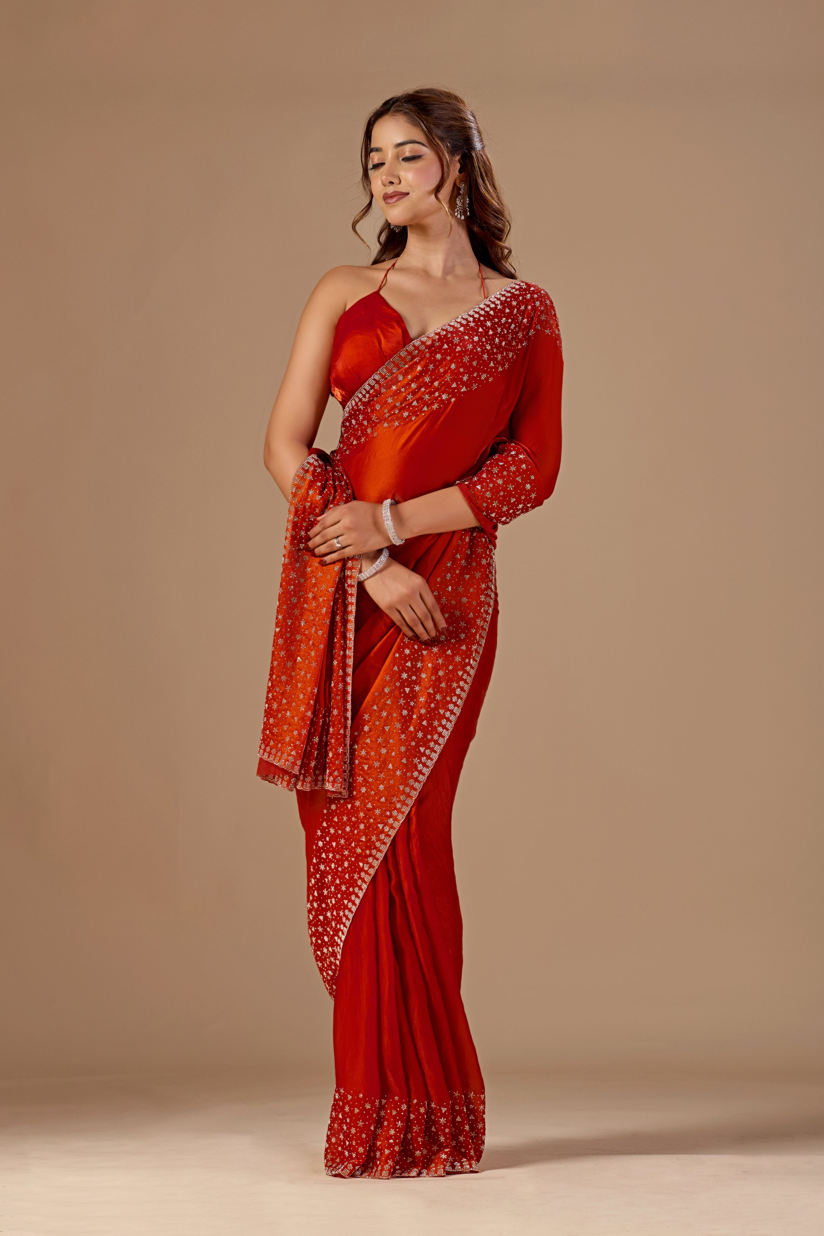 Burnt Orange Tissue Silk Saree With Stone Work