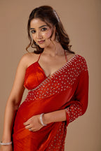 Burnt Orange Tissue Silk Saree With Stone Work