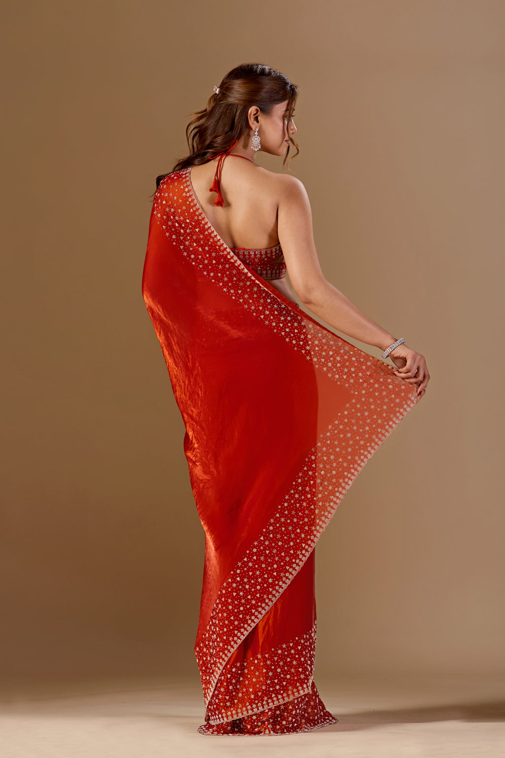 Burnt Orange Tissue Silk Saree With Stone Work