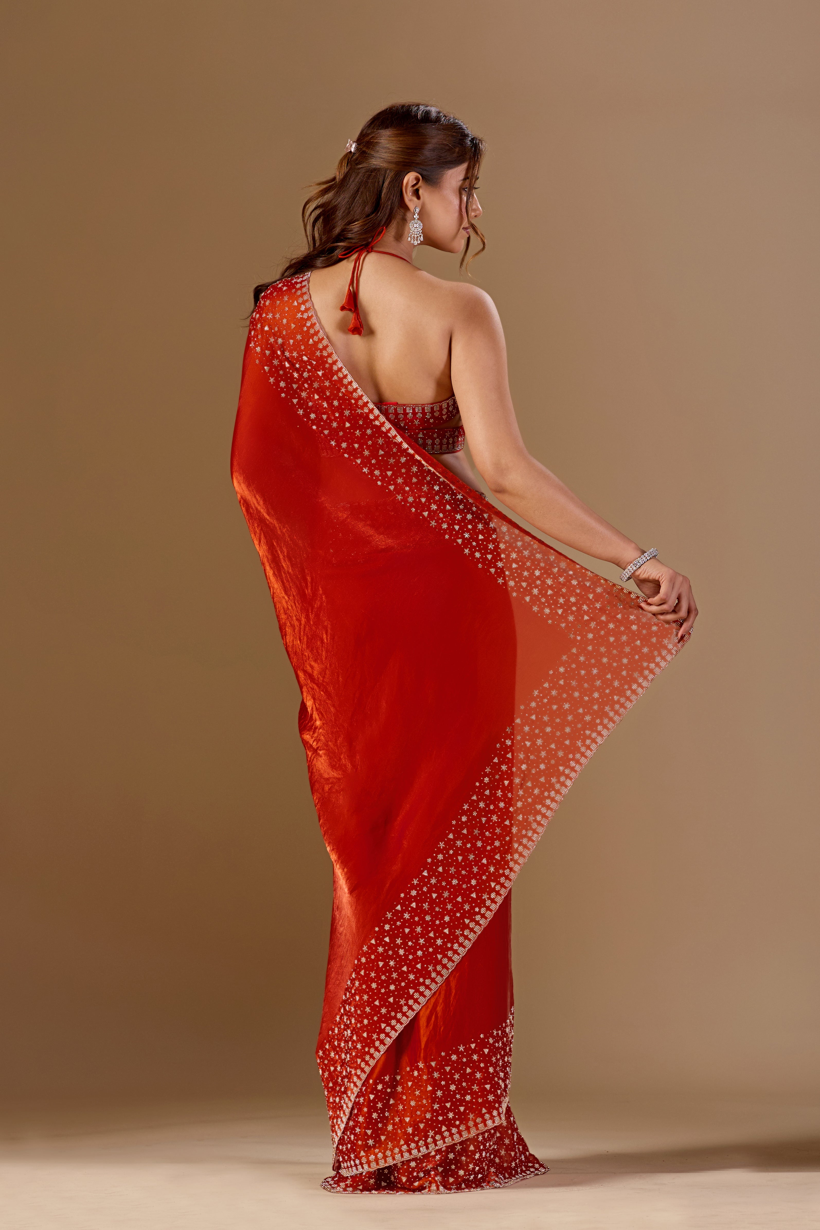 Burnt Orange Tissue Silk Saree With Stone Work