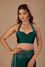 Bottle Green Tissue Silk Saree With Stone Work