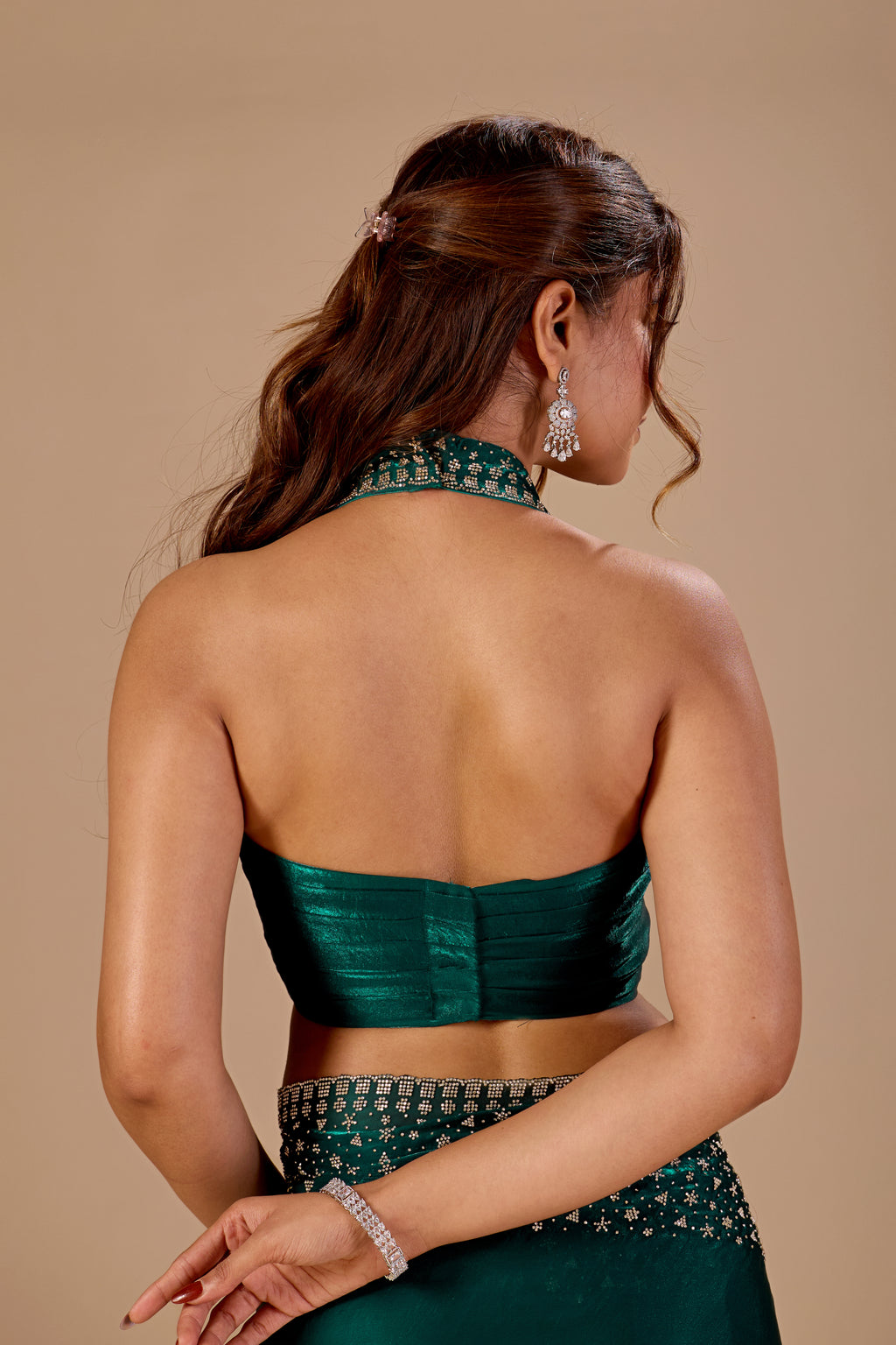 Bottle Green Tissue Silk Saree With Stone Work