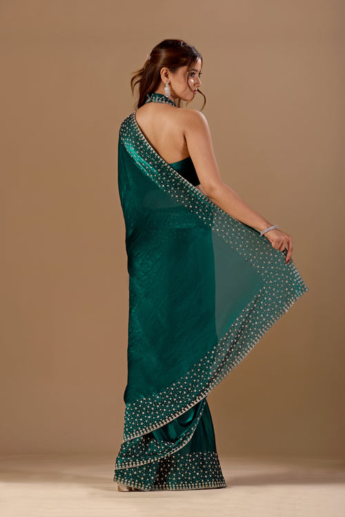 Bottle Green Tissue Silk Saree With Stone Work