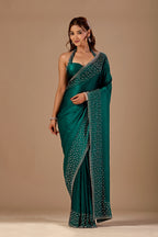 Bottle Green Tissue Silk Saree With Stone Work