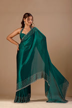 Bottle Green Tissue Silk Saree With Stone Work