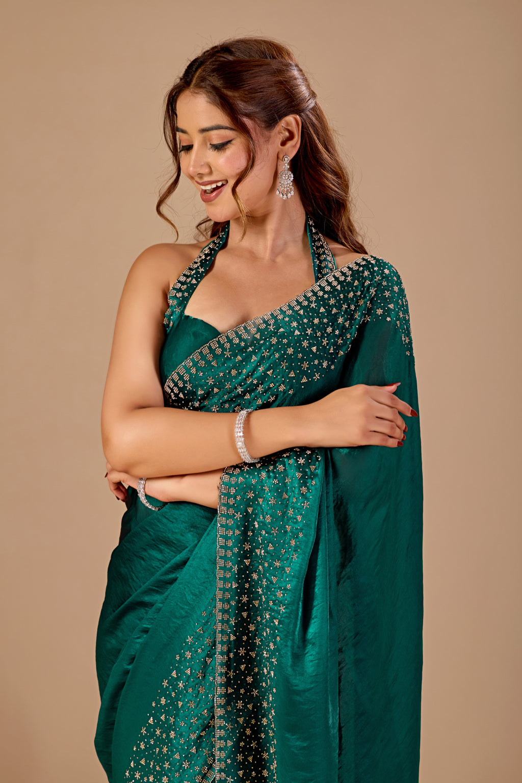 Bottle Green Tissue Silk Saree With Stone Work
