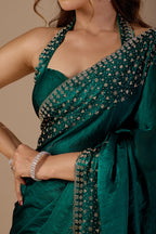 Bottle Green Tissue Silk Saree With Stone Work