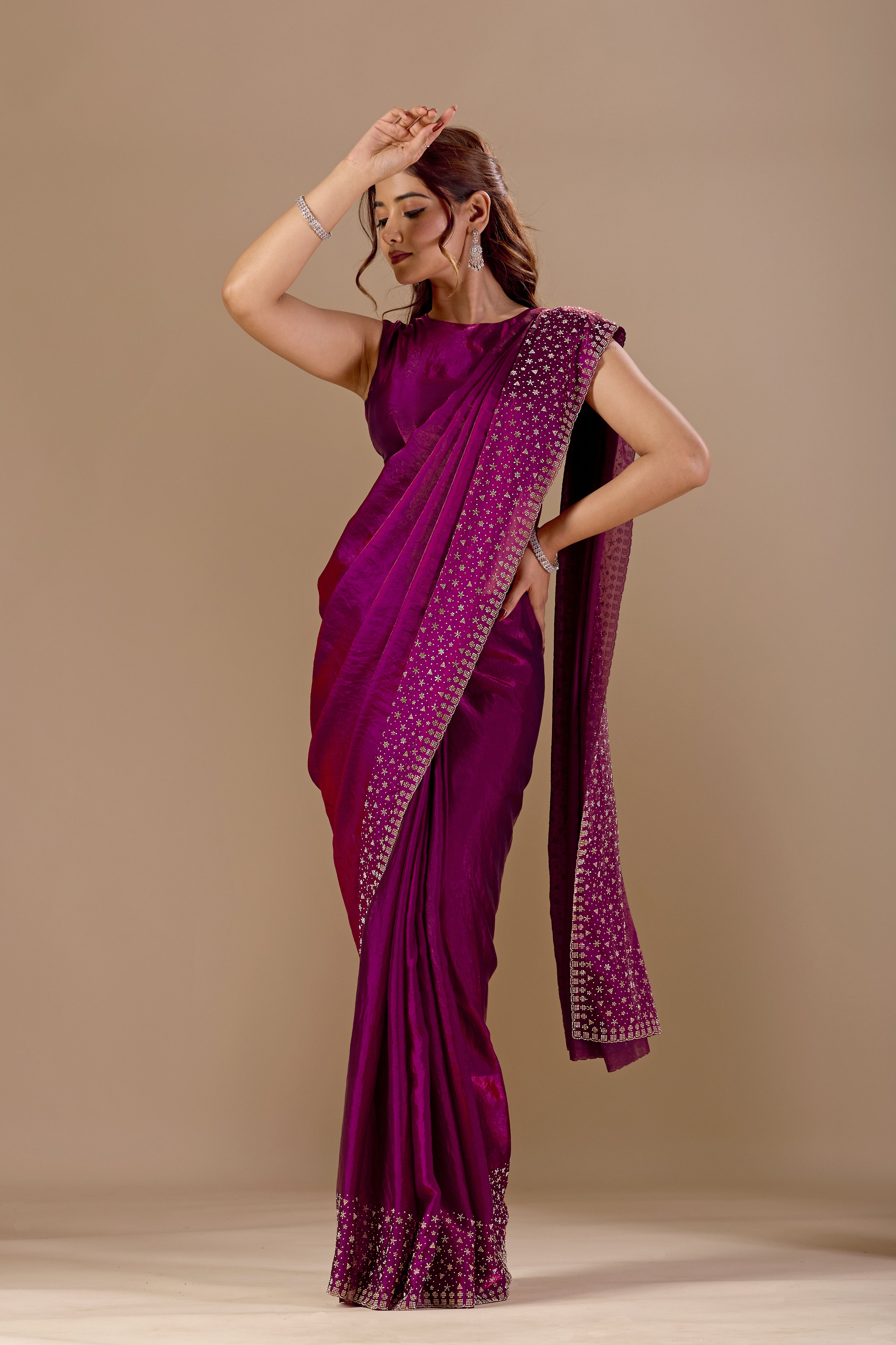 Purple Tissue Silk Saree With Stone Work