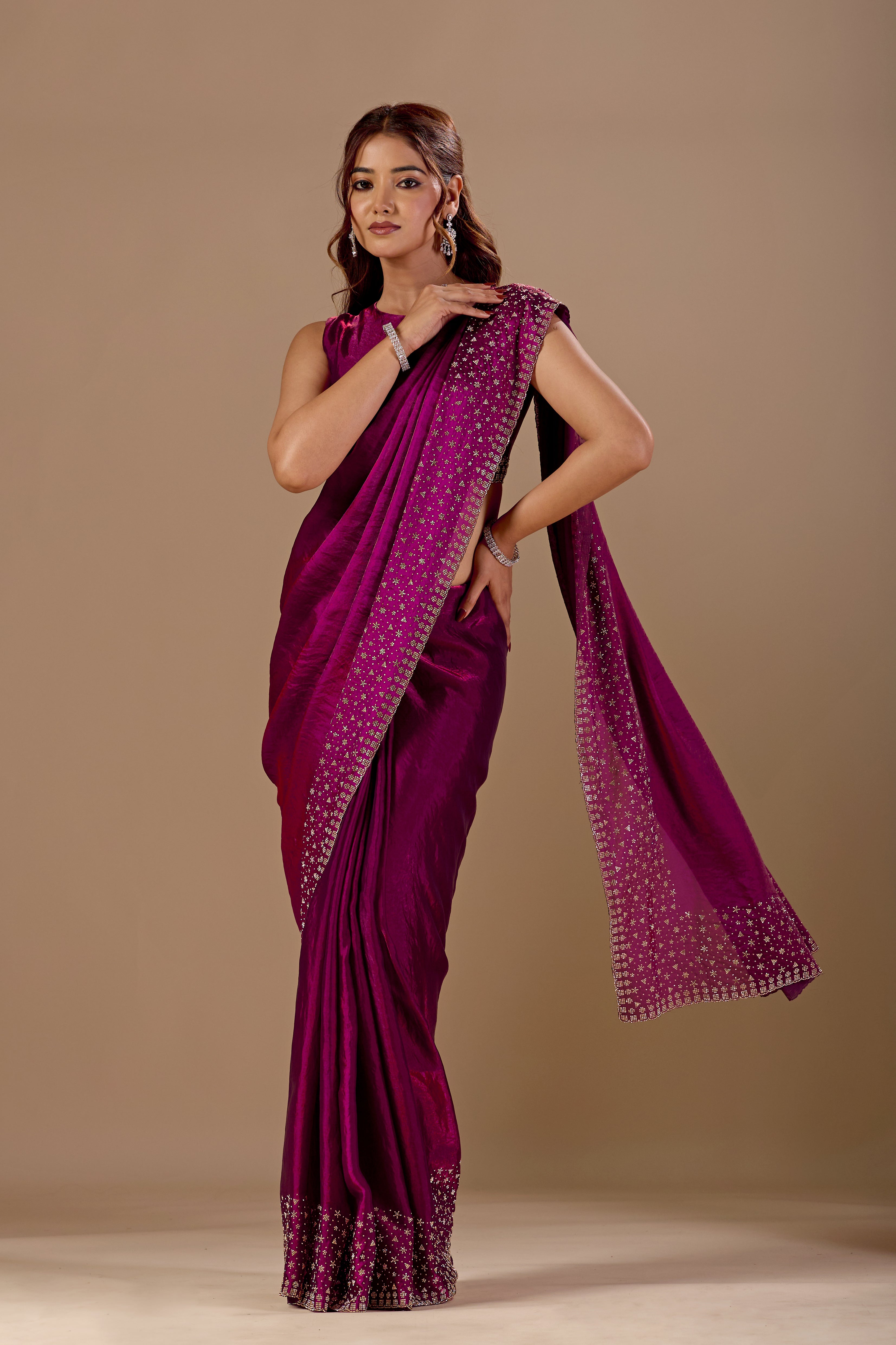 Purple Tissue Silk Saree With Stone Work