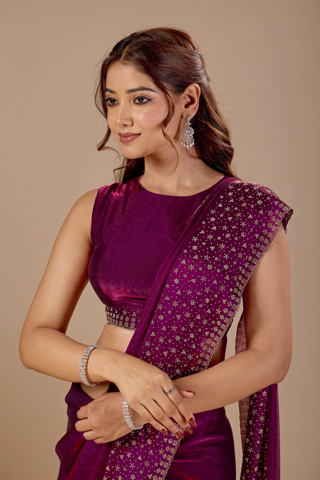 Purple Tissue Silk Saree With Stone Work