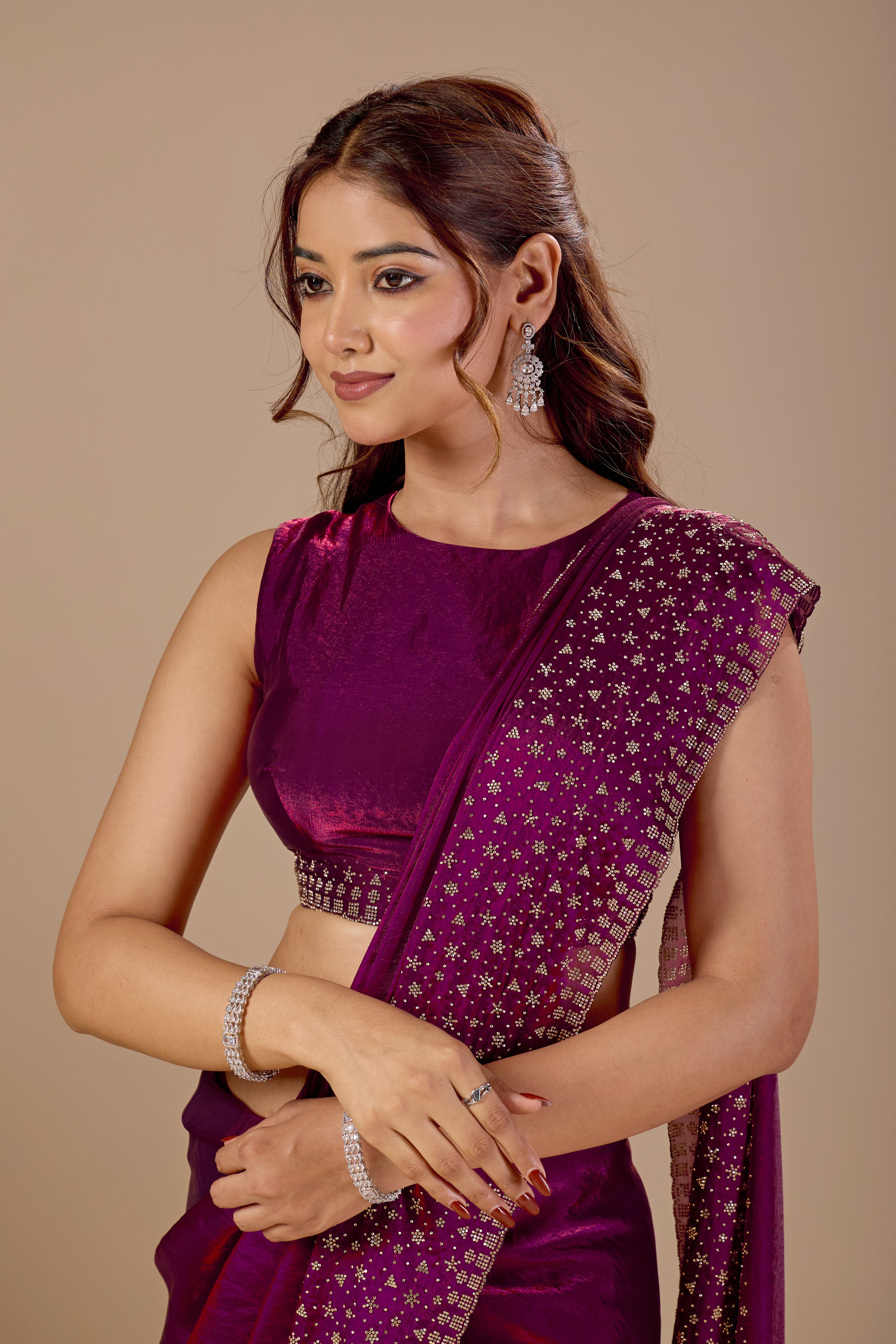 Purple Tissue Silk Saree With Stone Work