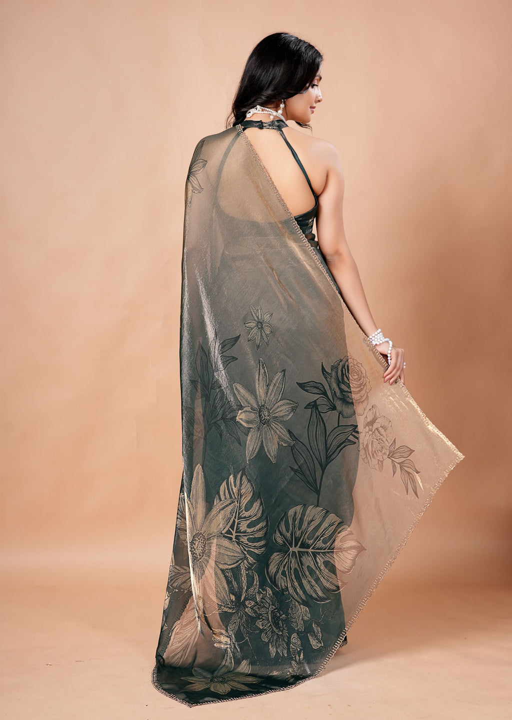 Dusty Lavender Organza Saree with Floral Print & Stone Work Border