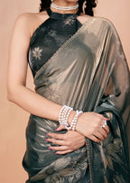 Dusty Lavender Organza Saree with Floral Print & Stone Work Border