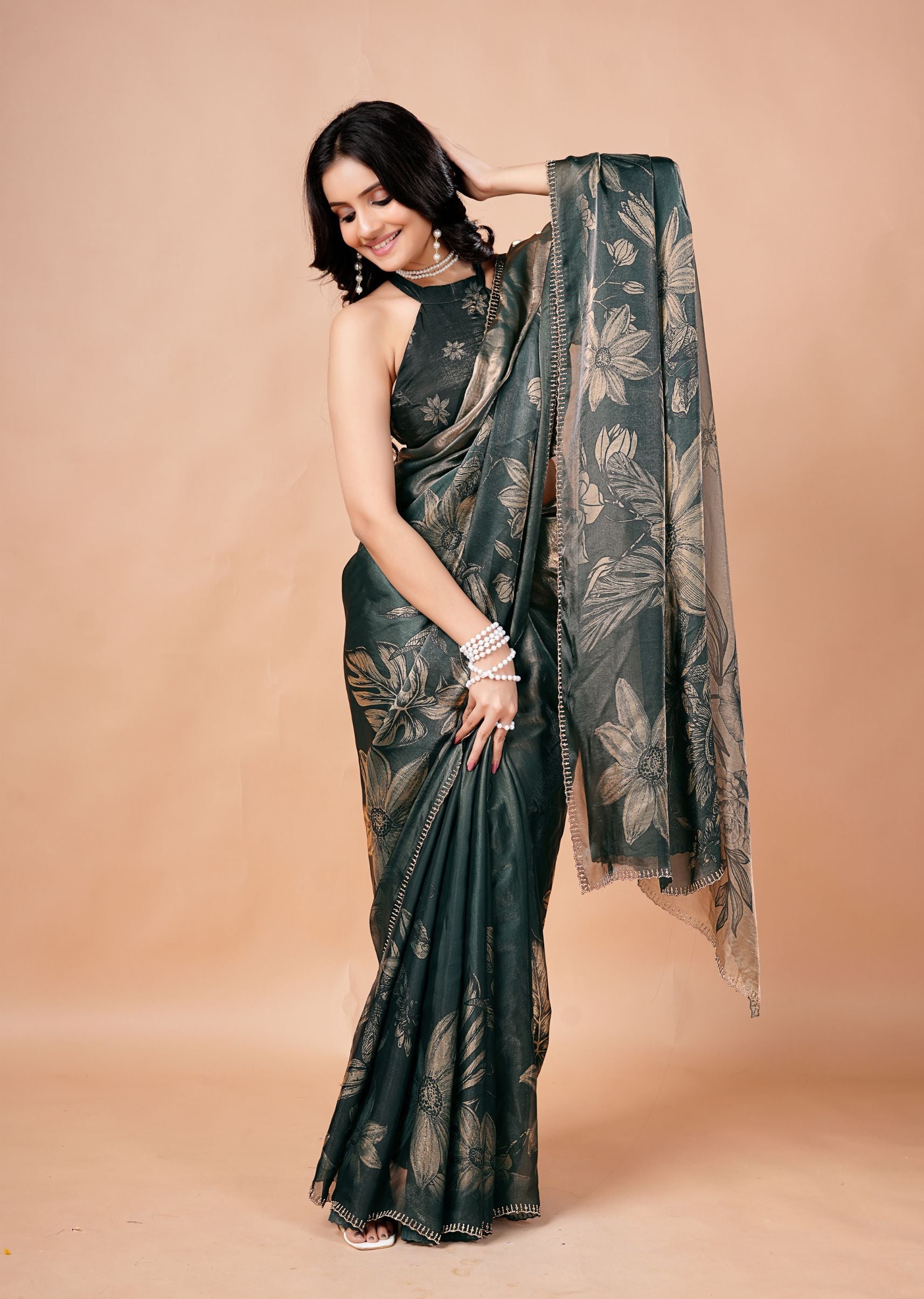 Dusty Lavender Organza Saree with Floral Print & Stone Work Border