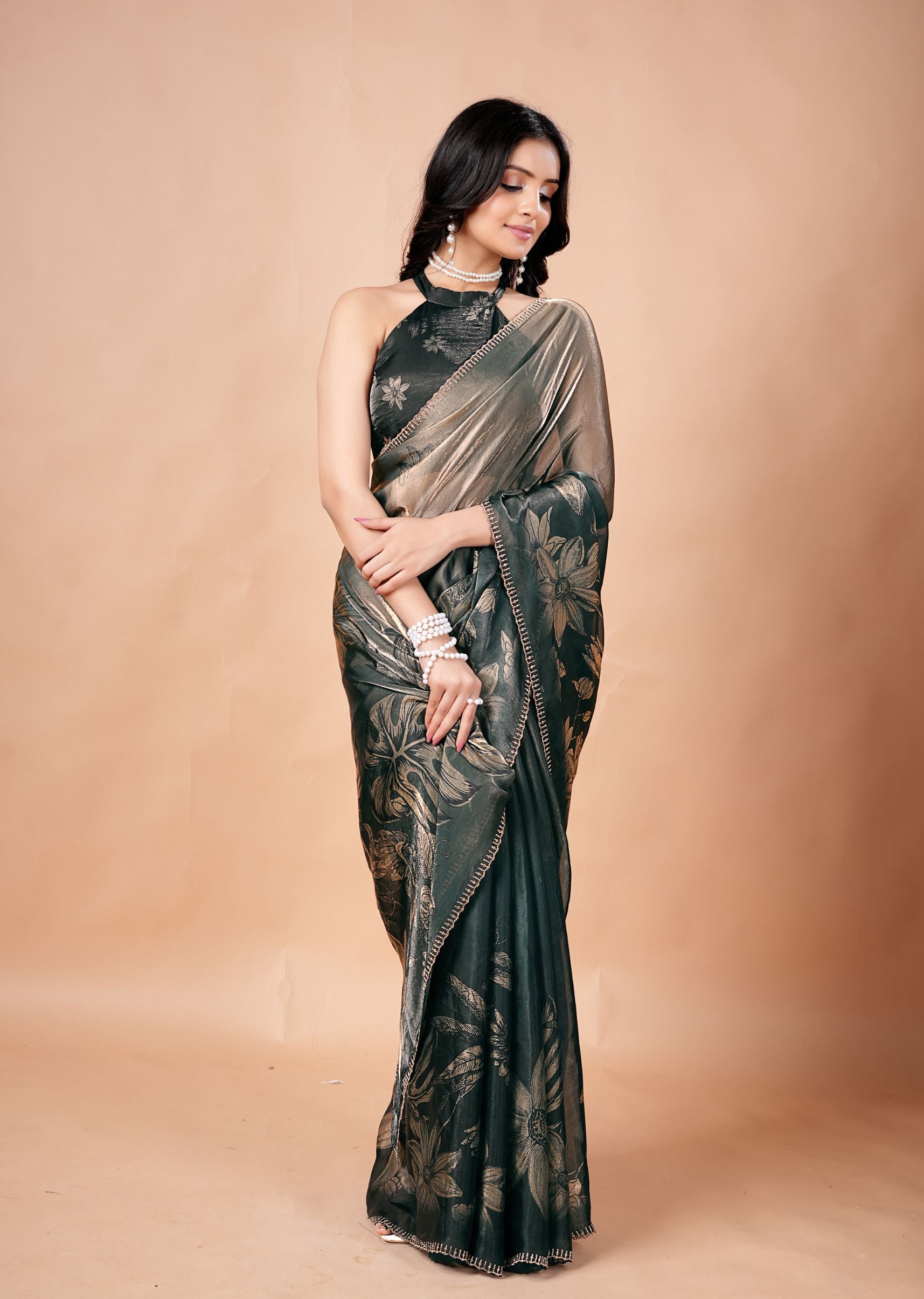 Dusty Lavender Organza Saree with Floral Print & Stone Work Border
