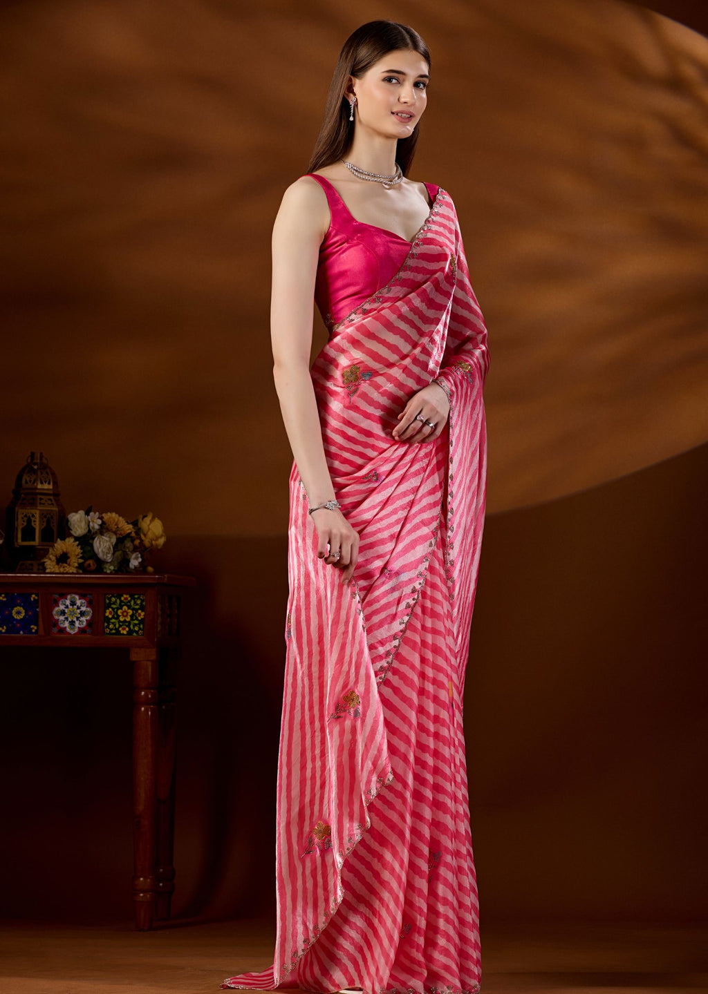 Red Pink Italian Silk Saree Side View - Festive Wear Saree