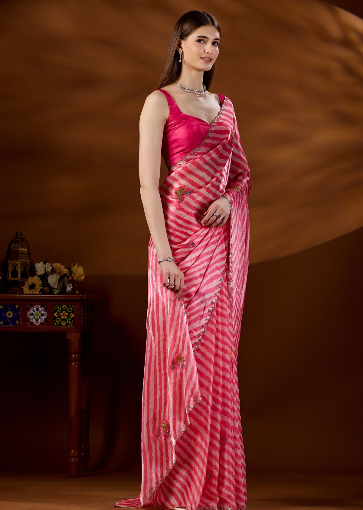 Red Pink Italian Silk Saree Side View - Festive Wear Saree