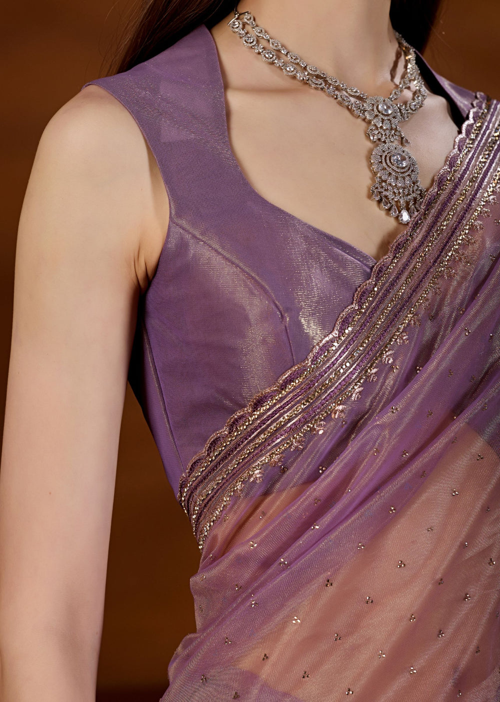 Purple Tissue Saree Blouse Close Up - Sequin Detailing