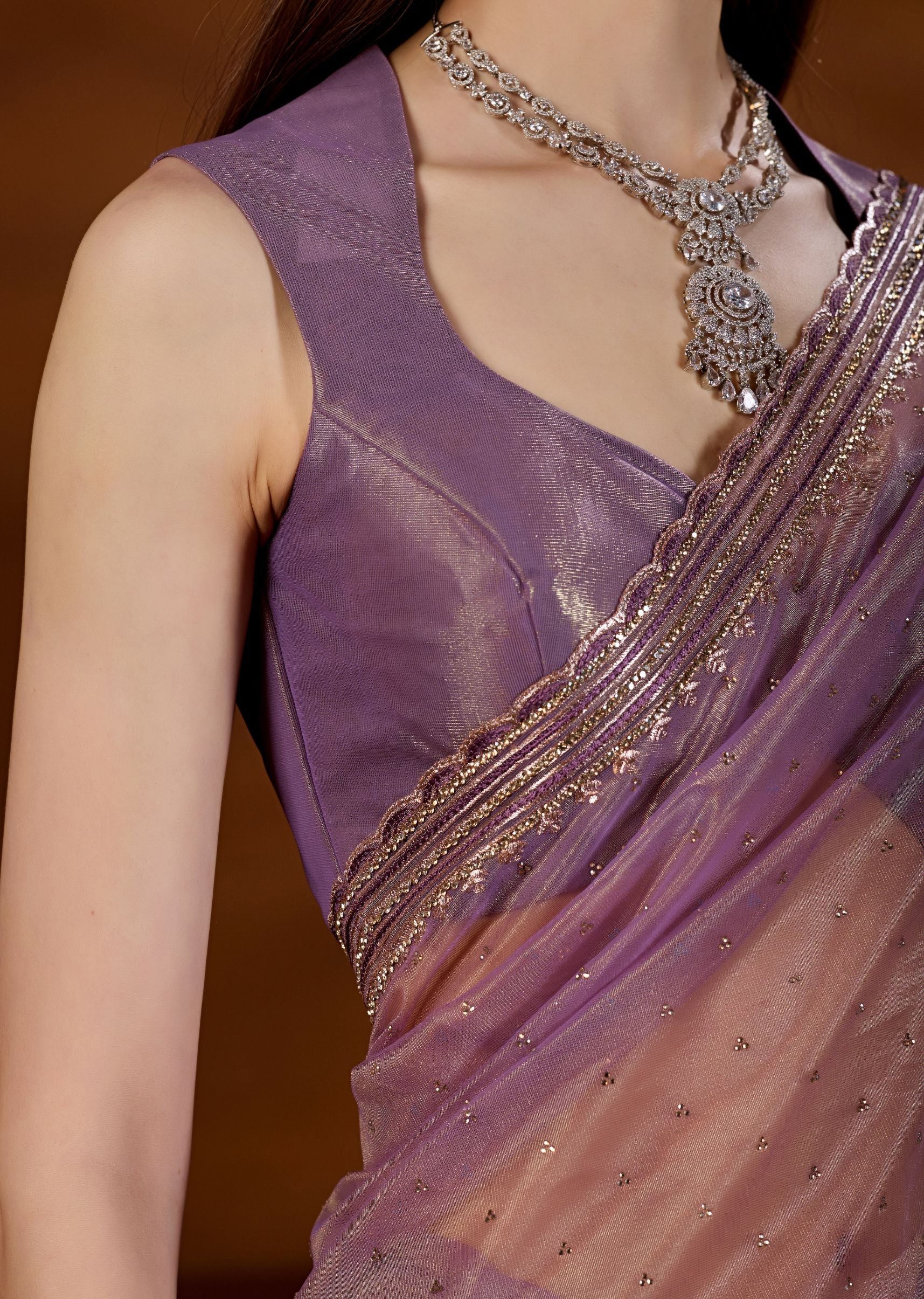 Purple Tissue Saree Blouse Close Up - Sequin Detailing