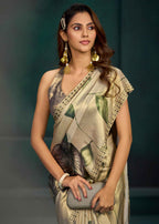 Green Rose And Leaf Printed Satin Silk Saree With Embellished Border