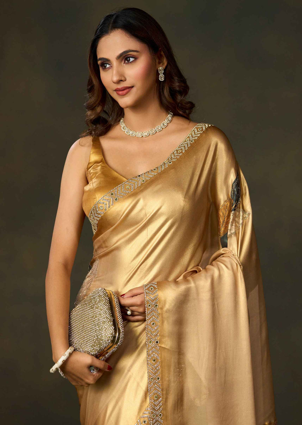 Golden Satin Silk Saree With Leaf Motifs And Embellished Border
