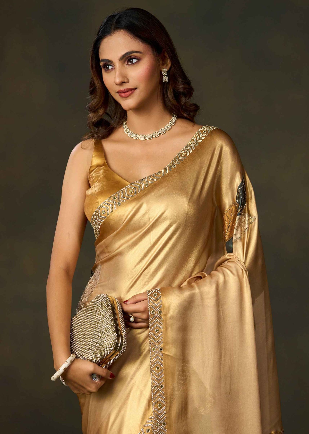 Golden Satin Silk Saree With Leaf Motifs And Embellished Border