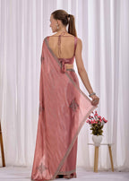 Pink Italian Silk Saree With Diamond Pattern Border And Bead Motifs