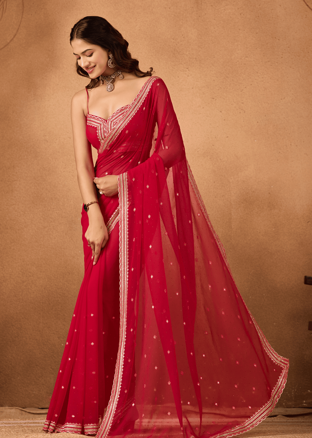 Red Chiffon Saree Side View - Festive Wear Saree