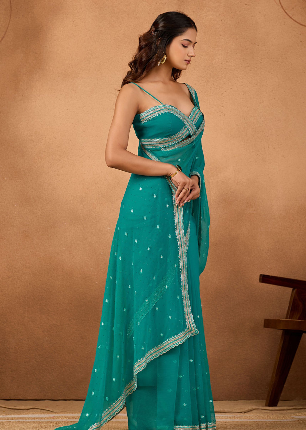 Firozi Chiffon Saree Side View - Festive Wear Saree
