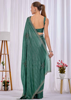 Firozi Italian Silk Saree With Diamond Pattern Border And Bead Motifs