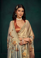 Orange Ombre Floral Printed Satin Silk Saree With Embellished Border