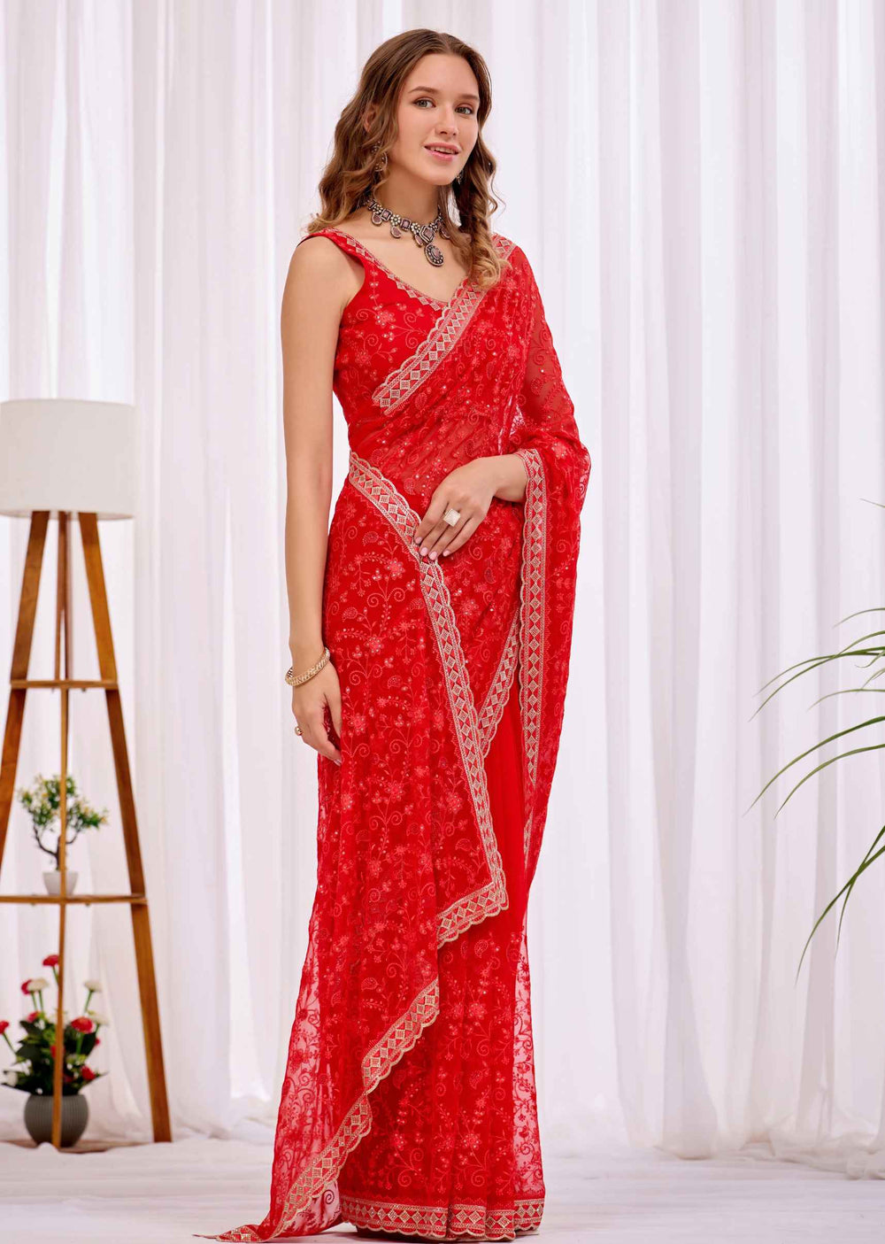Red Chiffon Saree With Floral Embroidery And Stone Border