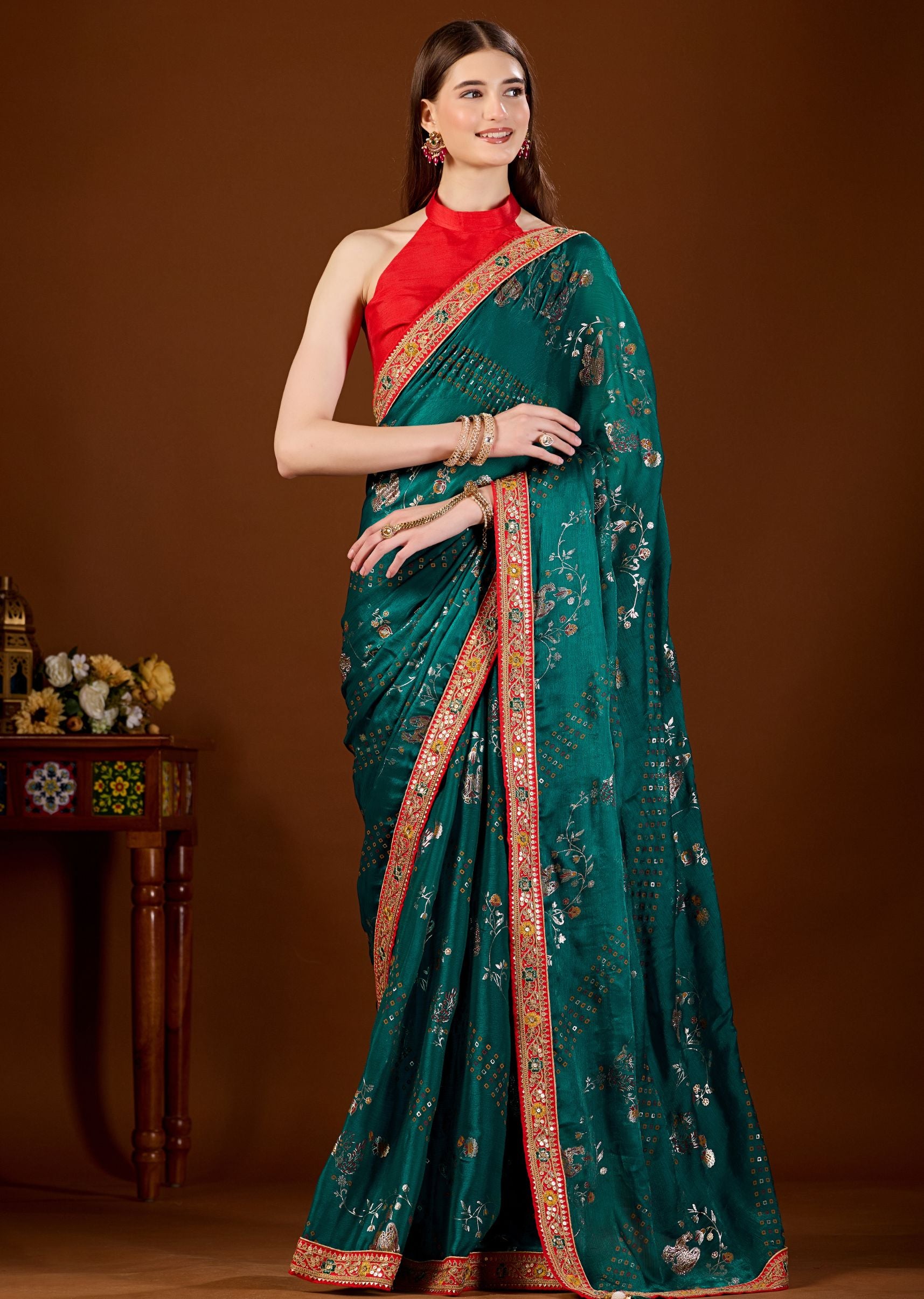 Firozi Art Silk Saree With Zari Peacock Floral Jaal - Front Look | Buy Online Ethnic9
