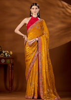 Yellow Art Silk Saree With Zari Peacock Floral Jaal - Front Look | Buy Online Ethnic9