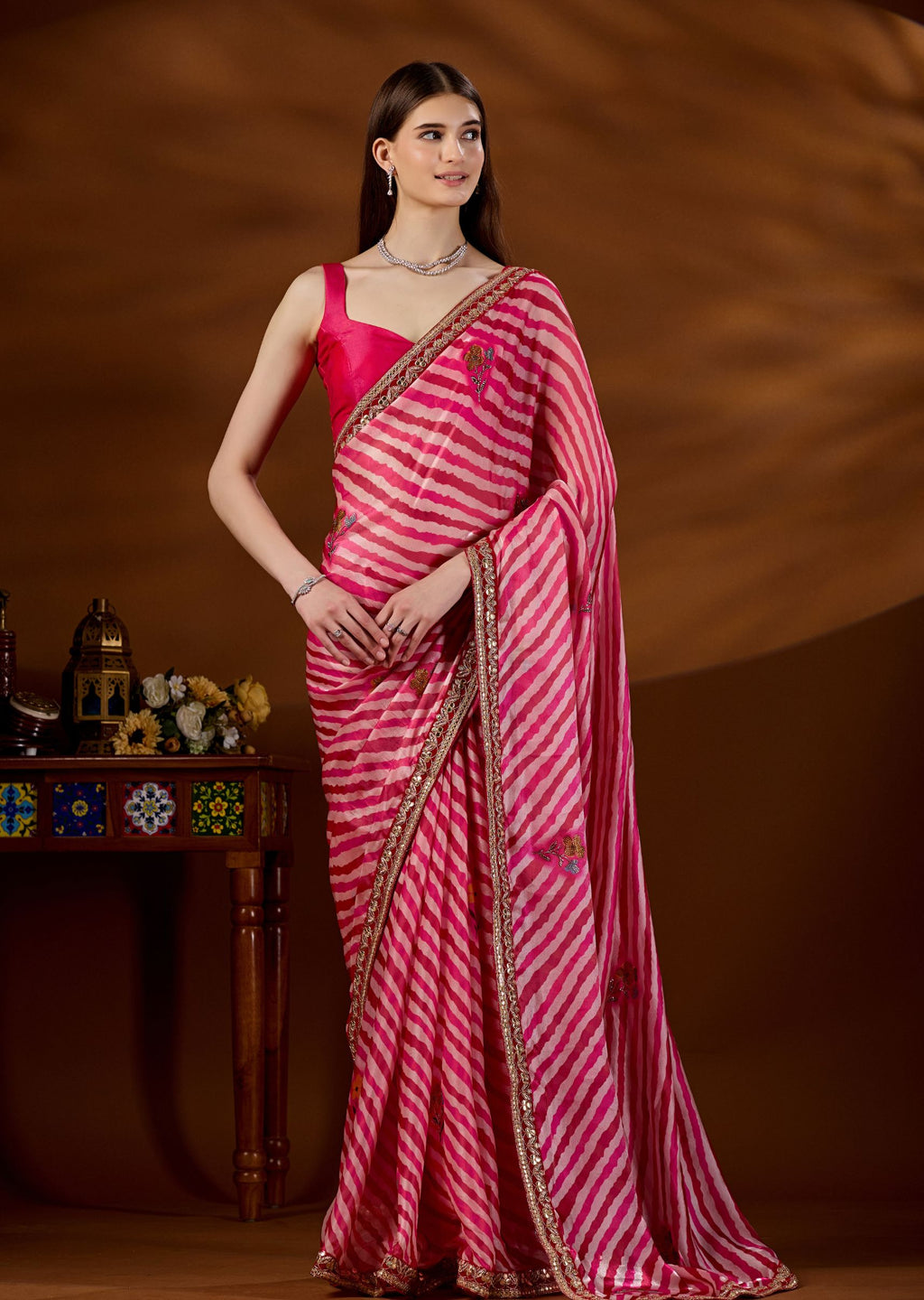 Red Pink Italian Silk Saree Side View - Festive Wear Saree