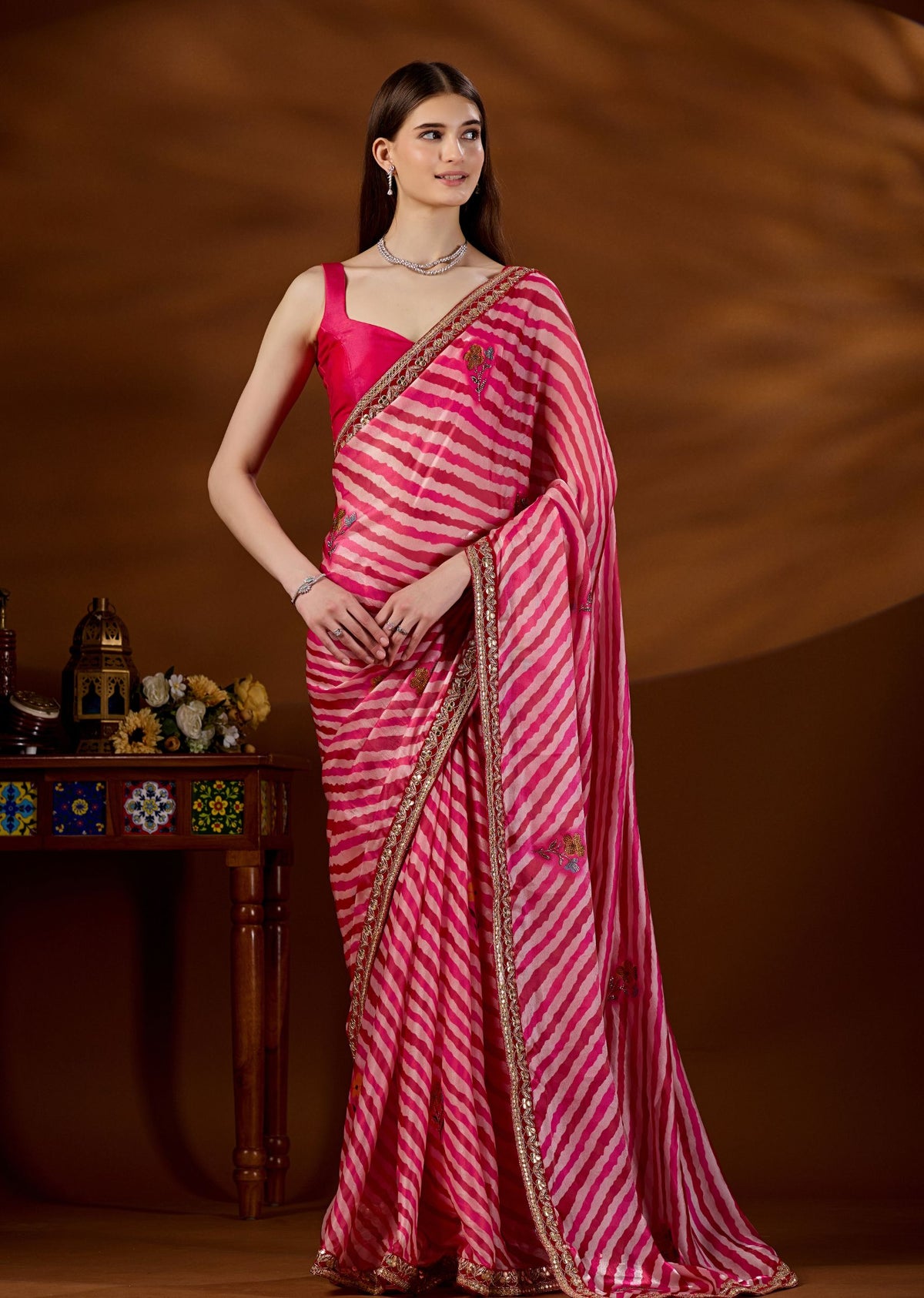 Red Pink Italian Silk Saree Side View - Festive Wear Saree