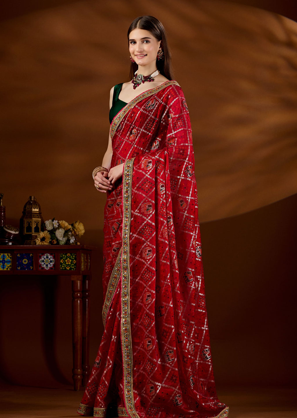 Pink Art Silk Saree With Zari Elephant Motif - Front Look | Buy Online Ethnic9