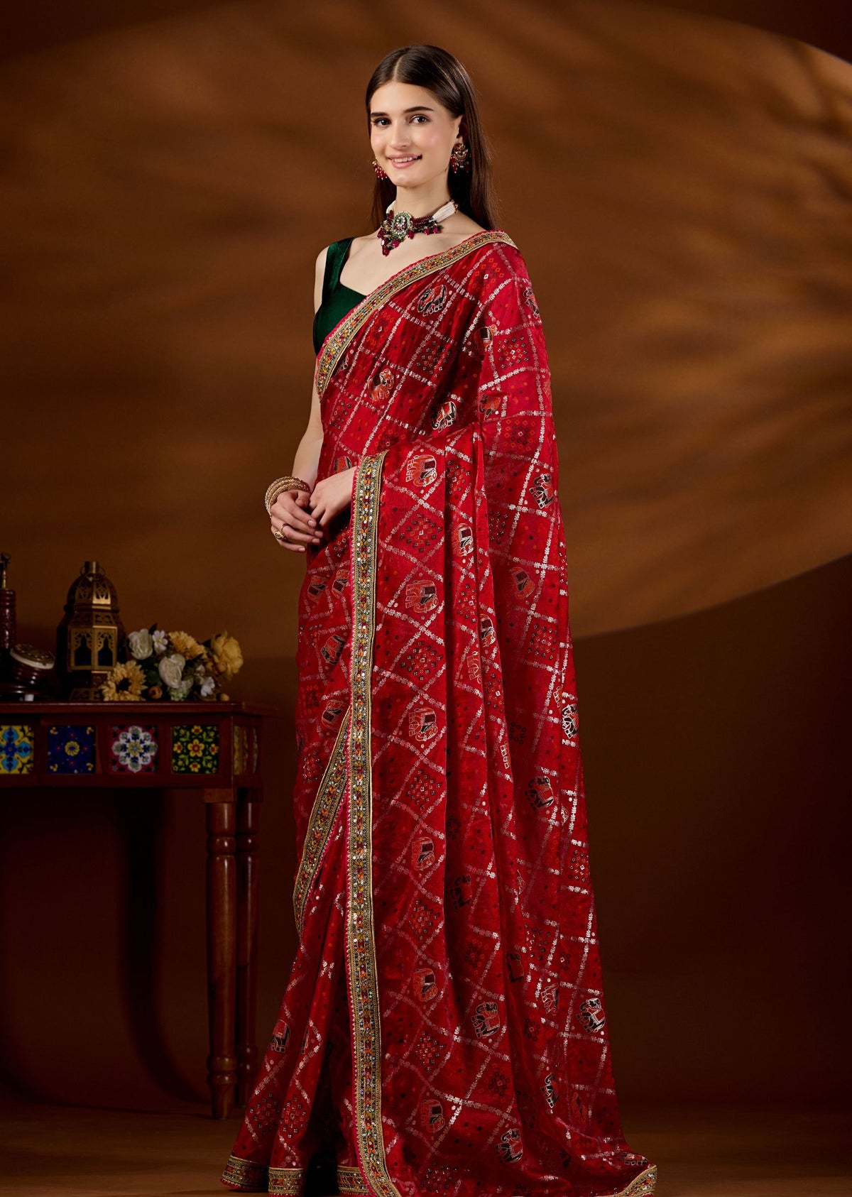 Pink Art Silk Saree With Zari Elephant Motif - Front Look | Buy Online Ethnic9