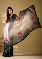 black ombre floral italian silk saree pallu draped closeup