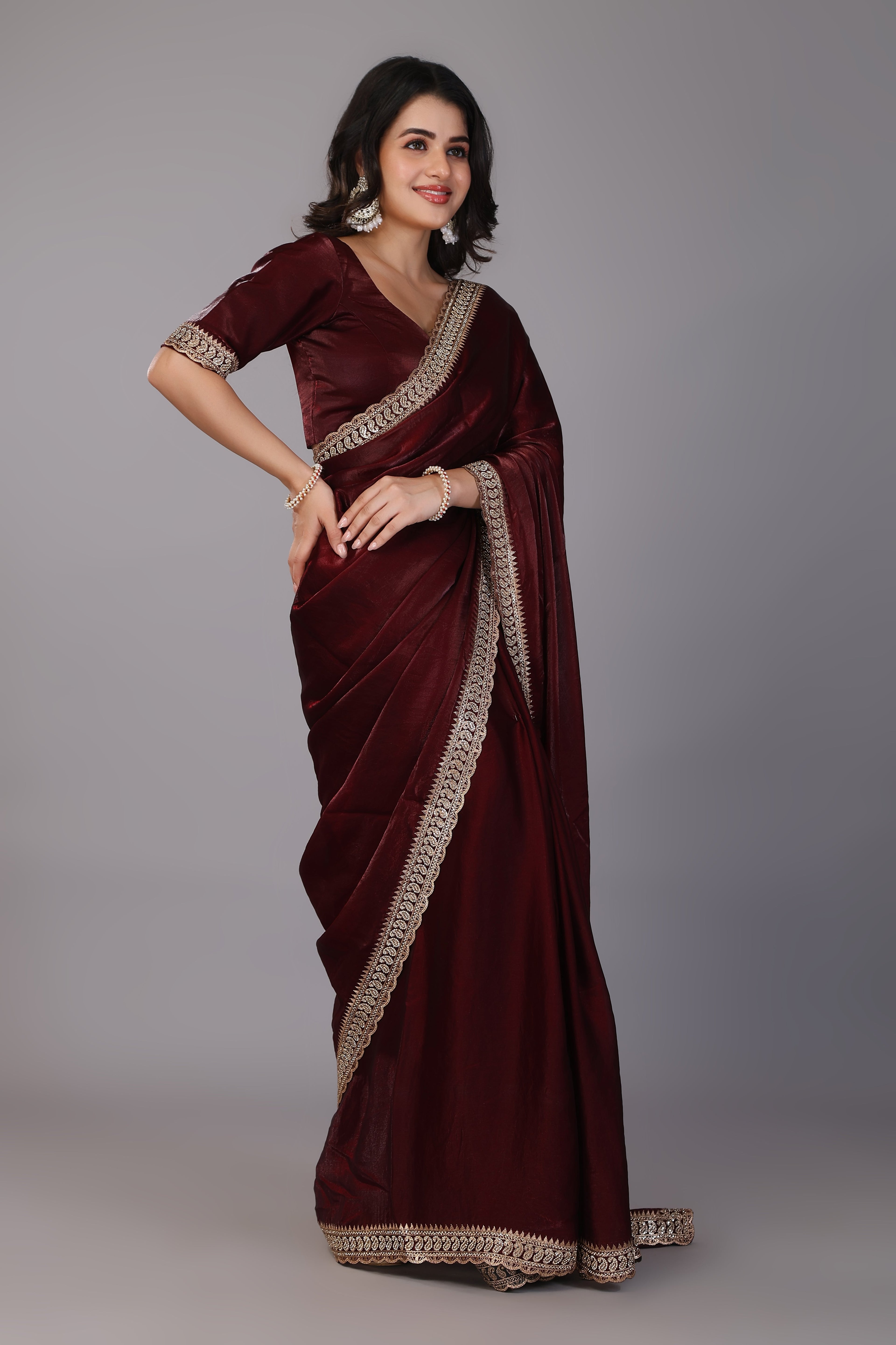 Marun zari work soft tissue silk saree