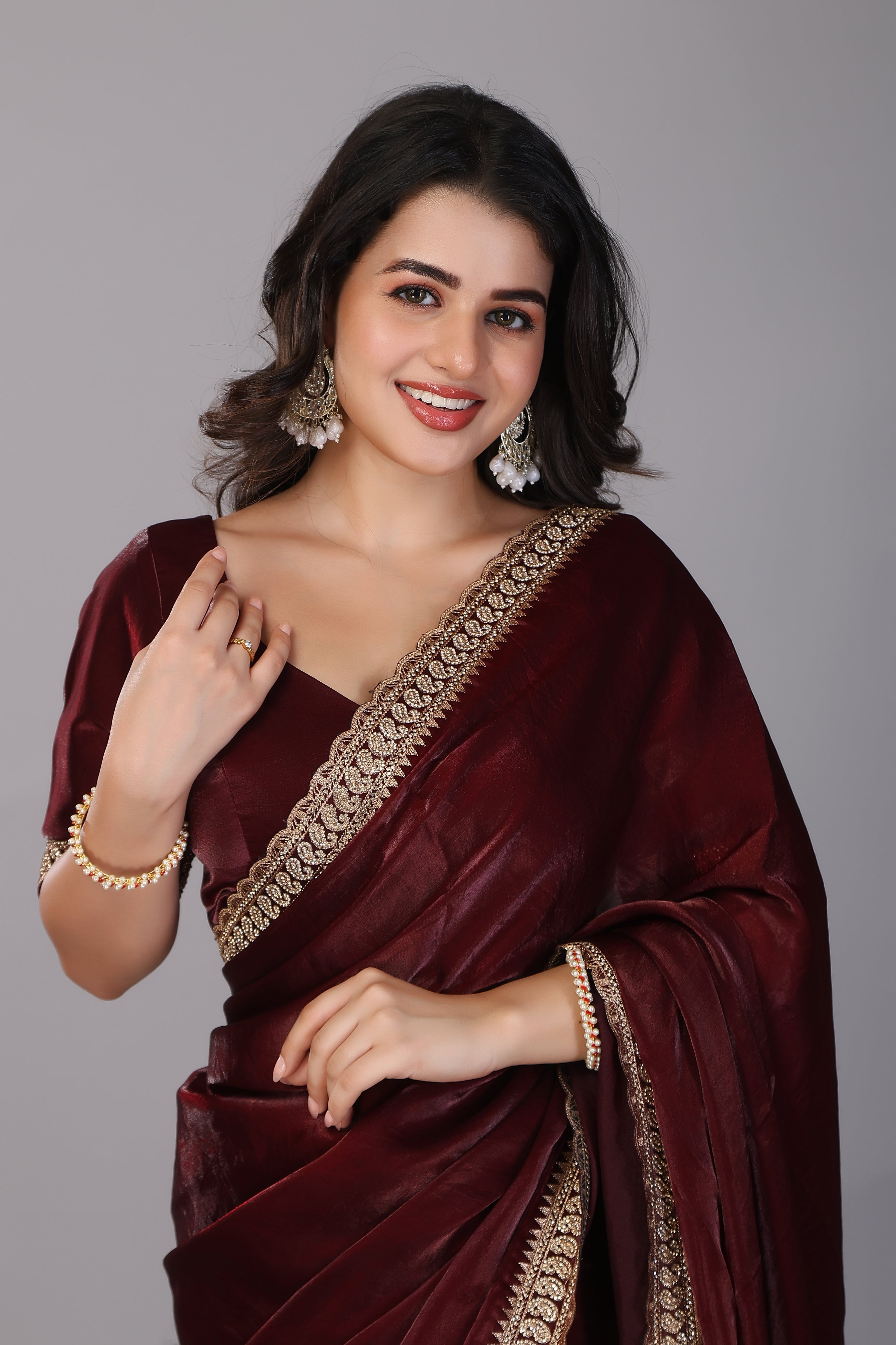 Marun zari work soft tissue silk saree