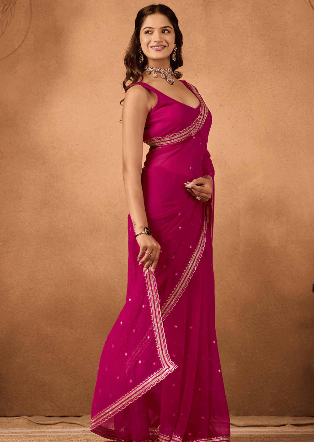 Pink Chiffon Saree Side View - Festive Wear Saree