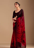 Wine Purple Organza Saree with Abstract Floral Print & Designer Scalloped Border