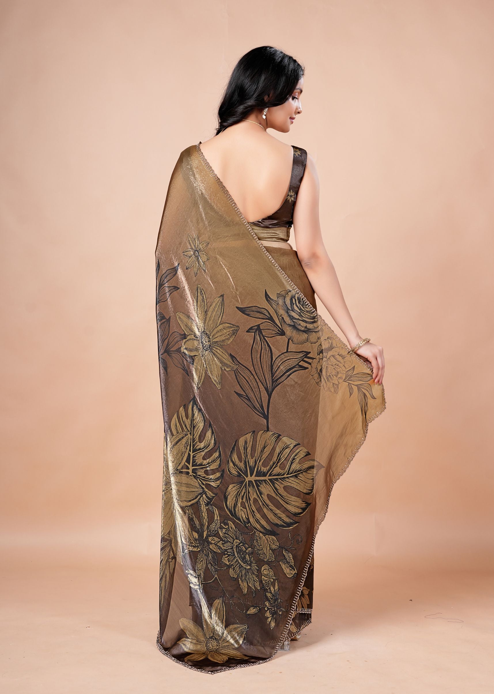 Dusty Lavender Organza Saree with Floral Print & Stone Work Border