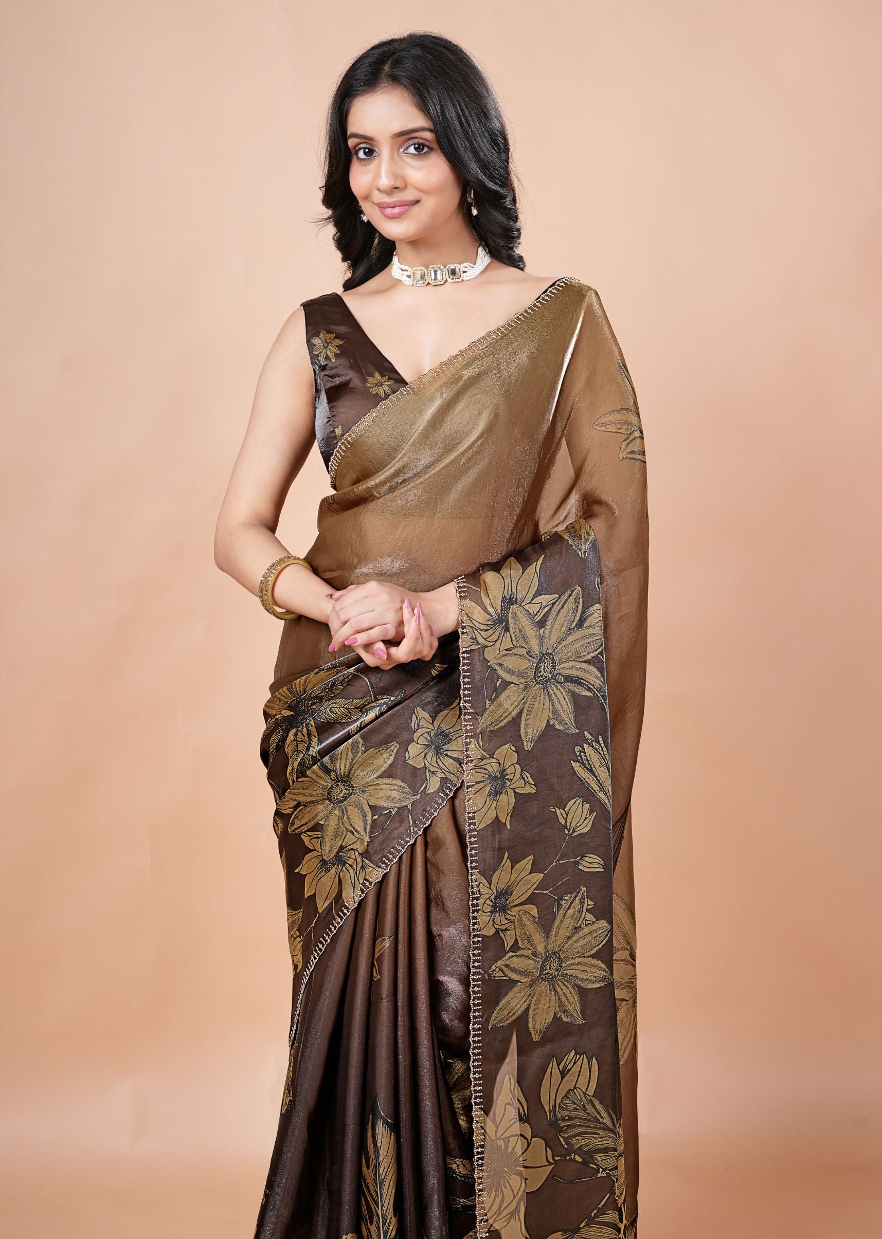 Dusty Lavender Organza Saree with Floral Print & Stone Work Border