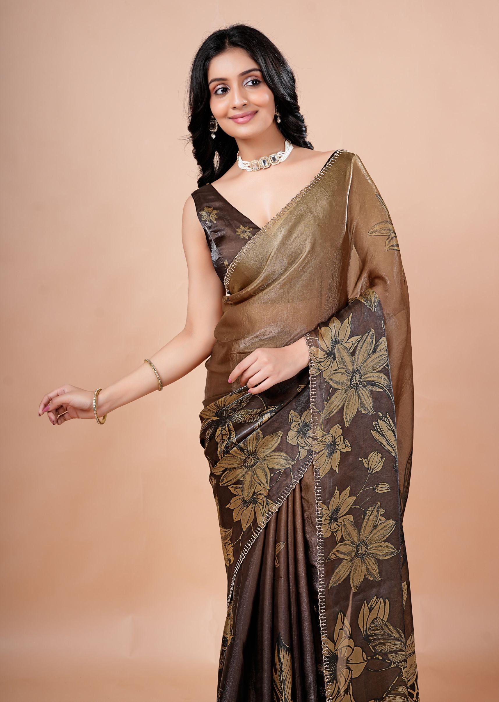 Dusty Lavender Organza Saree with Floral Print & Stone Work Border